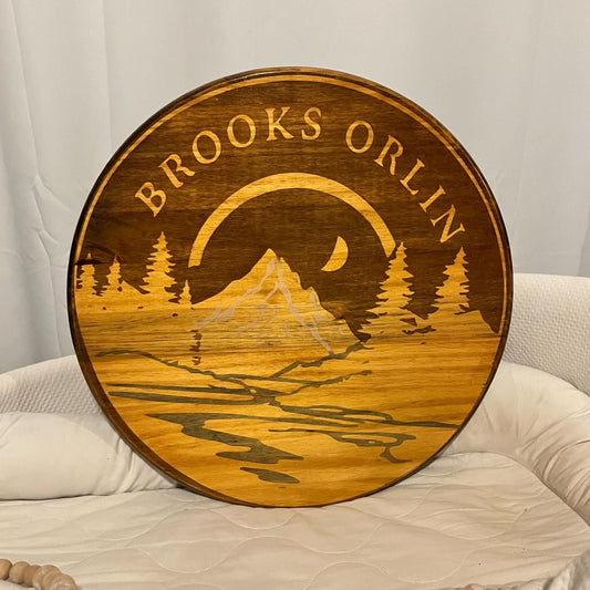 Custom Wood Name Sign: Stained Nursery Mountain Decor