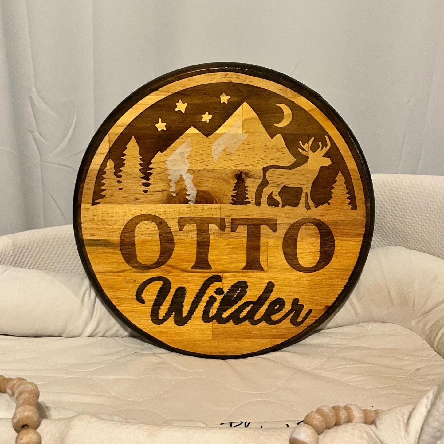 Personalized Wood Nursery Name Sign: Handcrafted Mountain & Stars Decor
