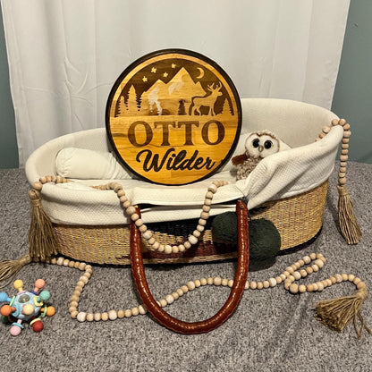 Personalized Wood Nursery Name Sign: Handcrafted Mountain & Stars Decor