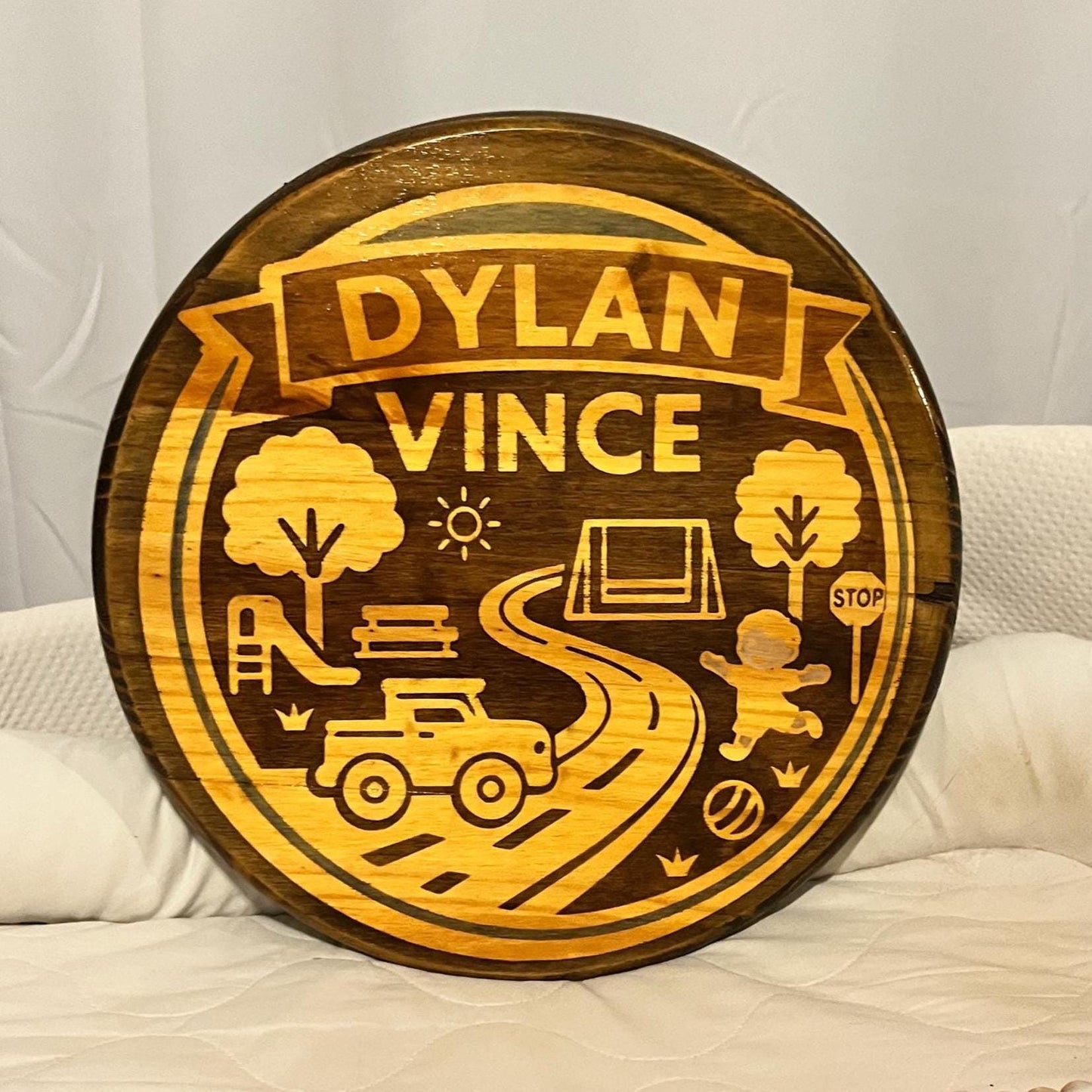 Personalized Wood Name Sign – Custom Stained Round Park Roads Boy Fun Outdoor | Handcrafted Baby Name Wall Art | Rounds by Rachel