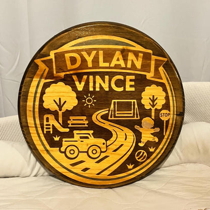 Personalized Wood Name Sign – Custom Stained Round Park Roads Boy Fun Outdoor | Handcrafted Baby Name Wall Art | Rounds by Rachel