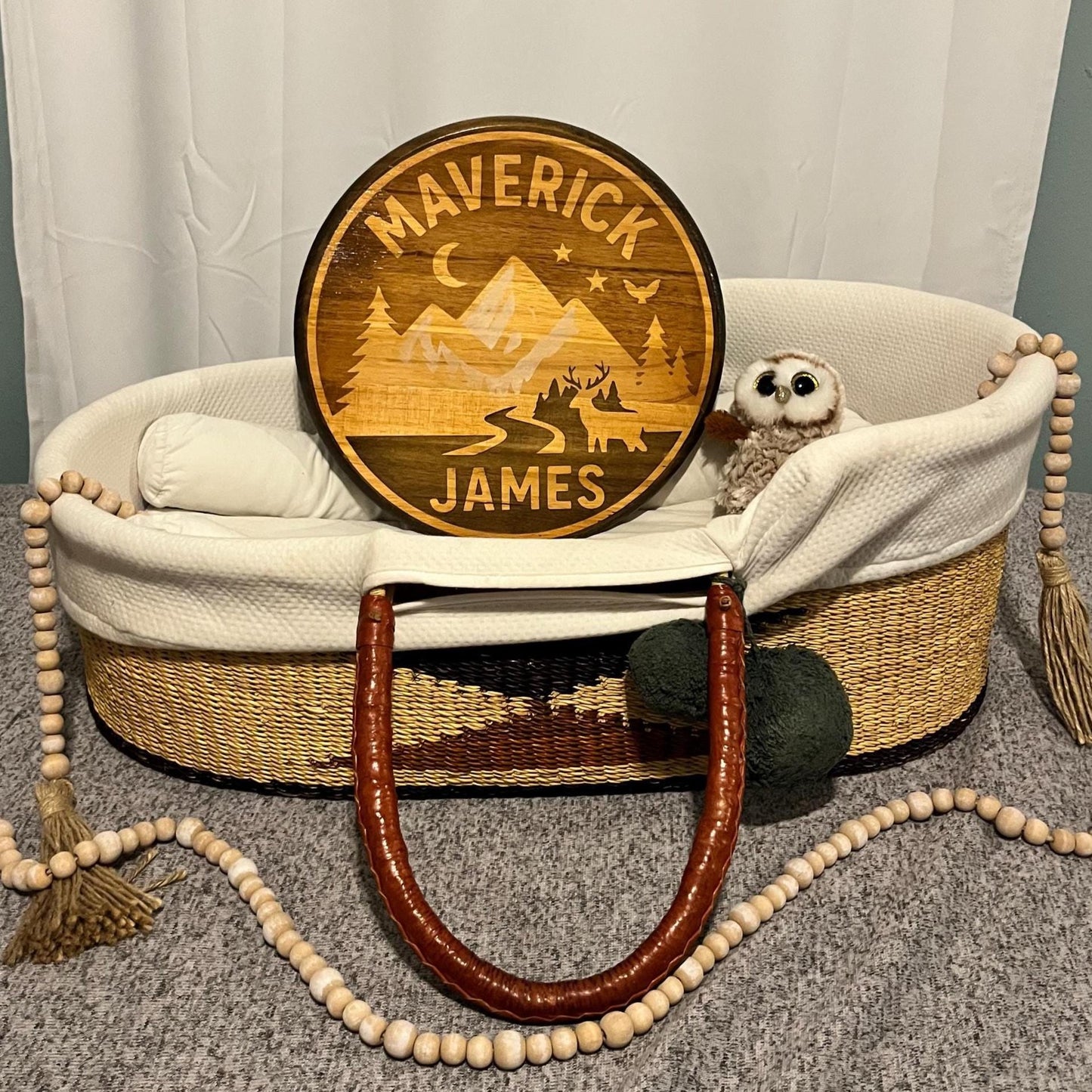 Personalized Wood Nursery Name Sign: Mountains, Trees & Stars