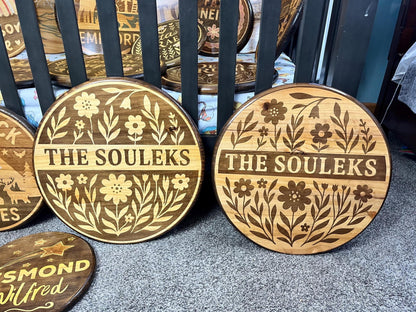 Personalized Wood Name Sign – Custom Stained Round Last Name Flower Girly Fall Retro | Handcrafted Last Name Wall Art | Rounds by Rachel