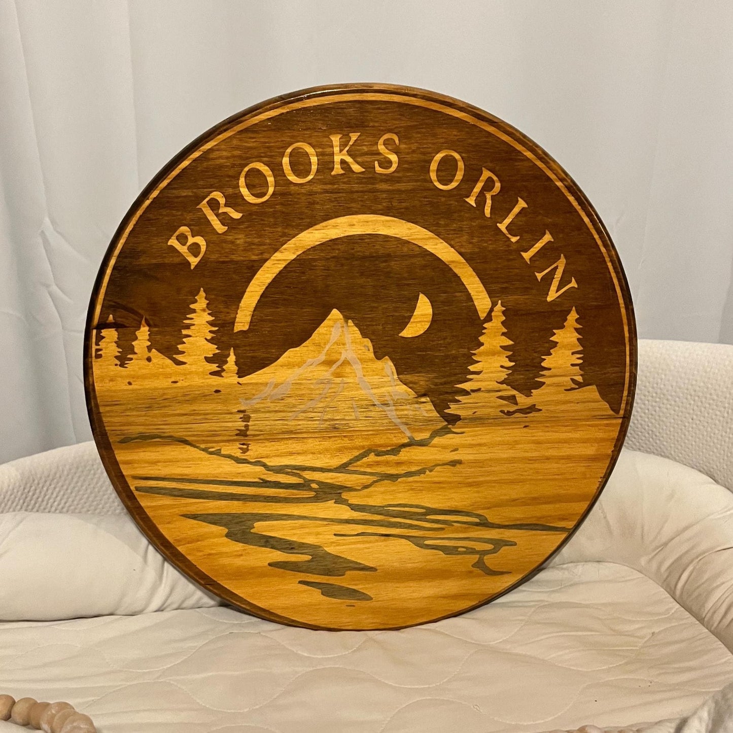 Custom Wood Name Sign: Stained Nursery Mountain Decor