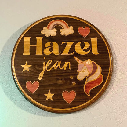 Personalized Wood Name Sign: Unicorn Rainbow Nursery Decor