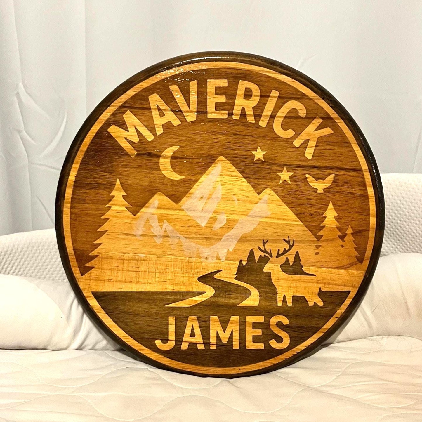 Personalized Wood Nursery Name Sign: Mountains, Trees & Stars
