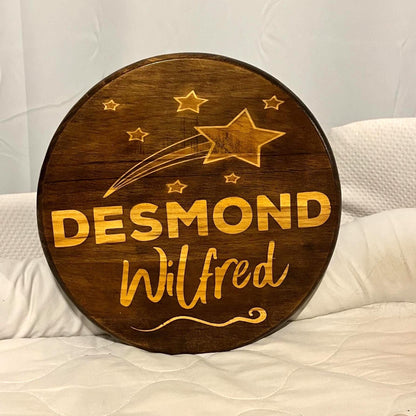Personalized Wood Name Sign – Custom Stained Round Nursery Stars Shooting Star | Handcrafted Baby Name Wall Art | Rounds by Rachel