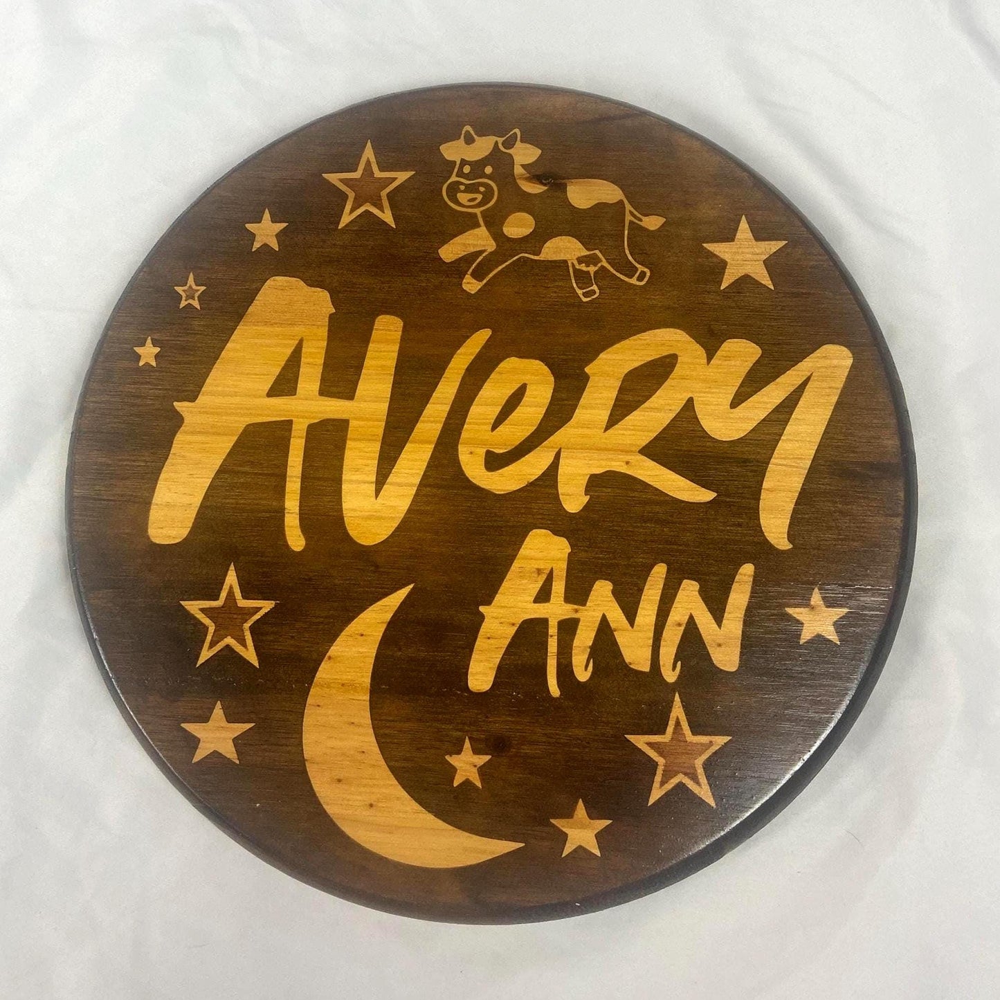 Personalized Nursery Wood Name Sign: Moon, Stars & Cow Decor