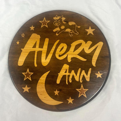 Personalized Nursery Wood Name Sign: Moon, Stars & Cow Decor